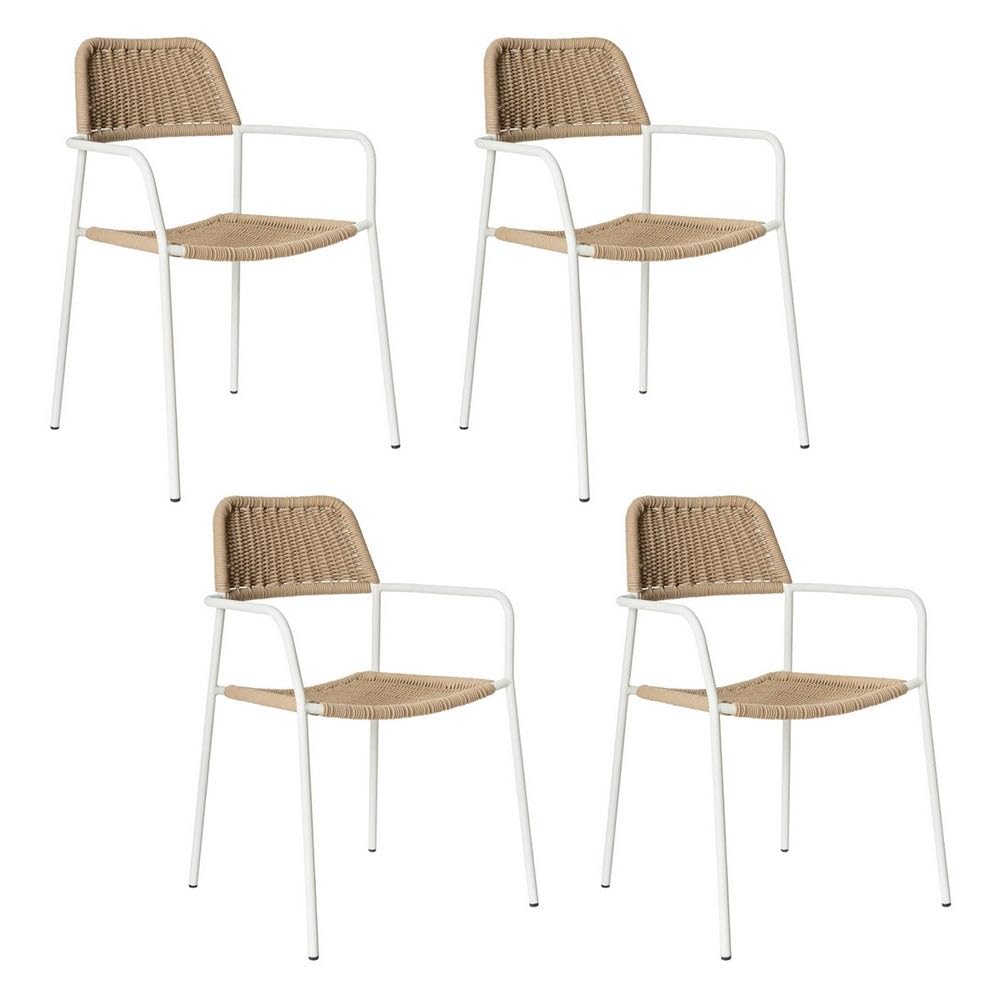 LOLAhome Pack de 4 Silla Deluxe Milos para jardín, Acero Blanco y Cuerda Trenzada Beige, 55x55x83 cm, Ergonómica y Apilable, Tratamiento Anticorrosión y Duraderas, Calidad y Diseño