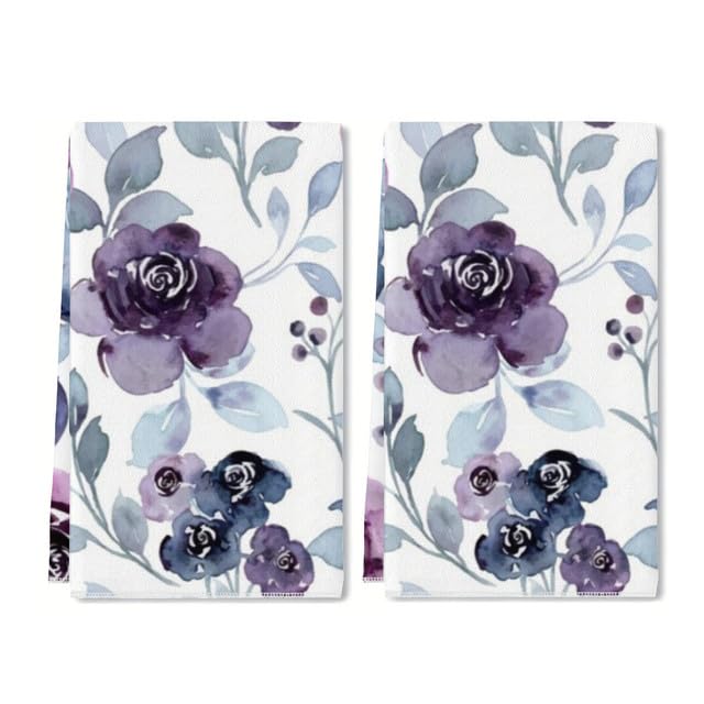Bohemian Style Hand Towel Set of 2 Purple Floral Bath Towels Soft Summer Flower Fingertip Face Towel for Bathroom Kitchen Hotel Spa Decor Gift 24 x 16 Inches