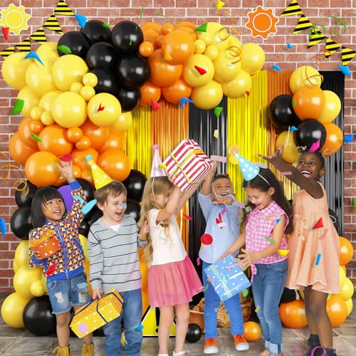Image of Construction Balloon Garland Arch Kit Birthday Party Decorations Supplies, Yellow Orange Black Foil Fringe Curtains Backdrop Tinsel Streamer Photo Booth Props Truck Car Themed Party Decor