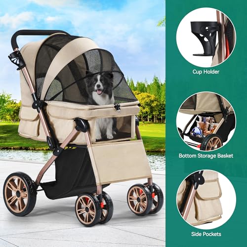YITAHOME Hundebuggy Hundewagen klappbar für Hunde & Katzen, Haustierbuggy bis 22 kg mit umkehrbarem Griff, Netzfenstern, Getränkehalter, 360° drehbare EVA-Räder mit Bremsen (Beige)