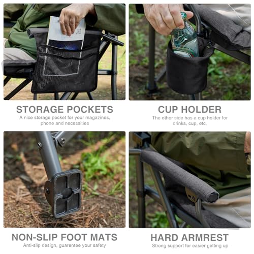 Image of EVER ADVANCED Padded Oversized Folding Camping Chair for Adults, Heavy Duty Lawn Chair with Side Pockets, Portable Collapsible Quad Chair for Outside, Support Up to 500lbs, Black