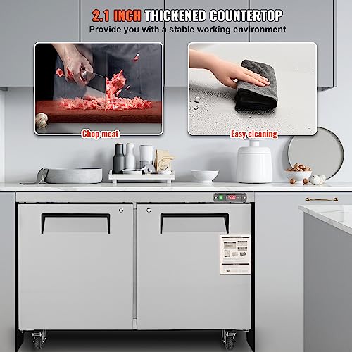 Image of VEVOR Commercial Refrigerator, 48 inch Worktop Undercounter Refrigerator, 12.85 Cu. Ft Thick Stainless Steel Refrigerated Food Prep Station, 2 Door Worktop Fridge with lock for Restaurant, Bar, Diner | 2 Door Food Prep Table, Stainless Steel Refrigerated Salad Prep with Lock, Adjustable Racks, for Restaurant Bar Diner