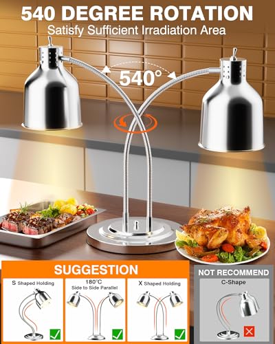 PYY Food Heat Lamp - Commercial Food Warmer, 2-Head Food Warming Light, 500W Portable Electric Heating Lamp, Stainless Steel Catering Food Warming Lamp for Restaurant Kitchen Cafeteria