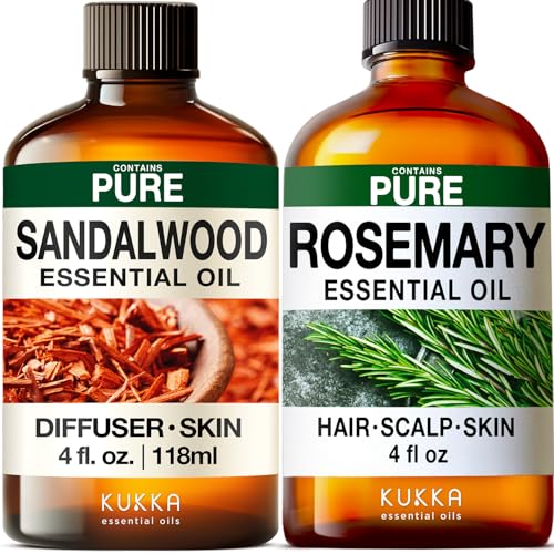 Image of Sandalwood Essential Oils for Diffuser & Rosemary Oil for Hair Set - Aromatherapy Grade Essential Oils Set - 2x4 fl oz - Kukka