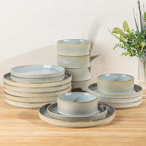 Image of TheTerra Ceramic Dinnerware Sets for 6, 18 Pieces Porcelain Lightweight Plates and Bowls Sets, Scratch Resistant Dish Set, Oven & Microwave & Dishwasher Safe,Illusion Blue