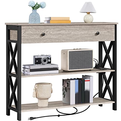 Yaheetech Console Table with Power Outlets and USB Ports, Wooden Entryway Table with Drawer and Open Shelves, Narrow Sofa Tables with Metal Frame for Living Room, Couch, Hallway, Grey