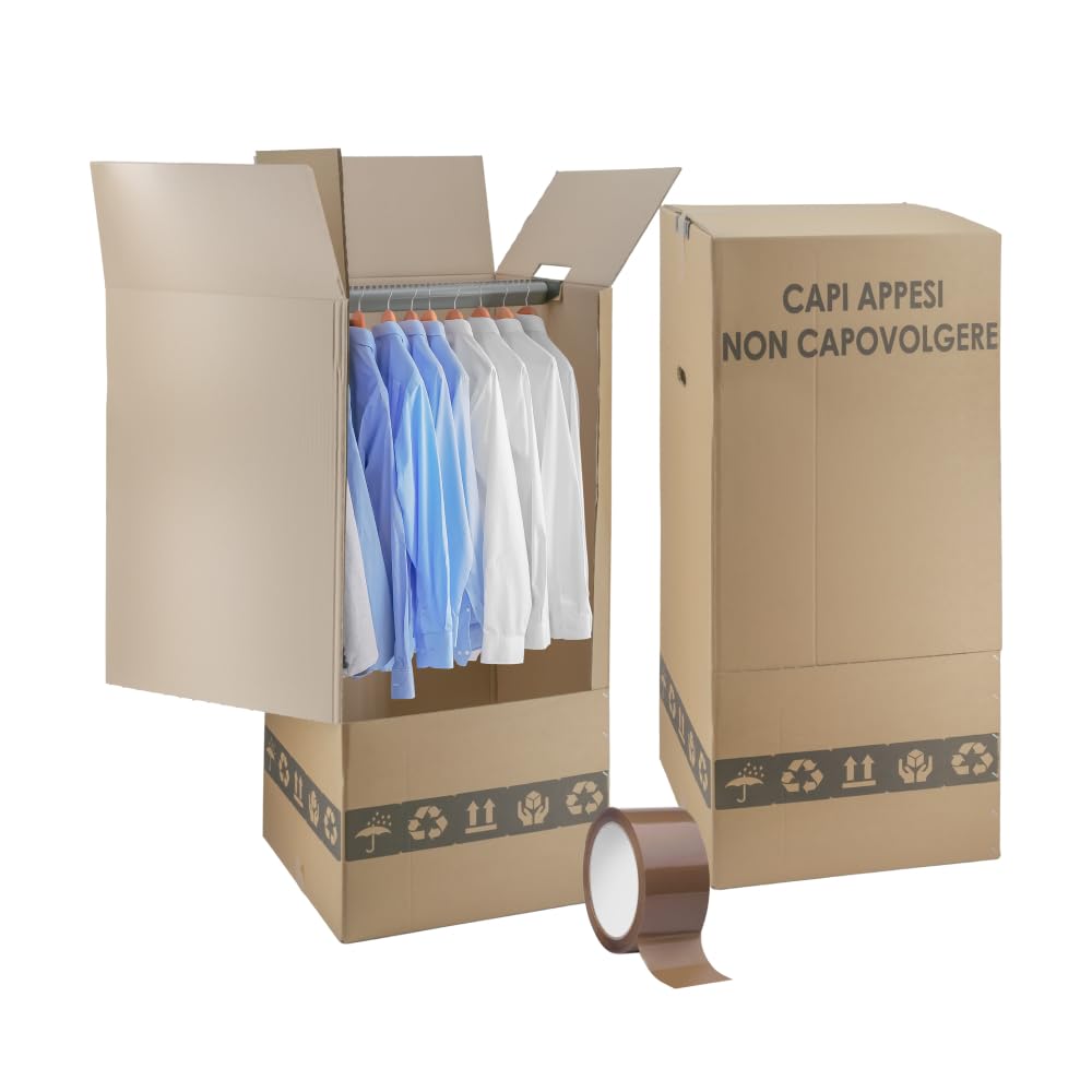 IMBALLAGGI 2000 Scatole Cartone Porta Abiti con Barra Appendiabiti 50x50 cm h 110 cm Scatoloni Doppia Onda per Trasloco Armadio 2 pezzi + Nastro Adesivo