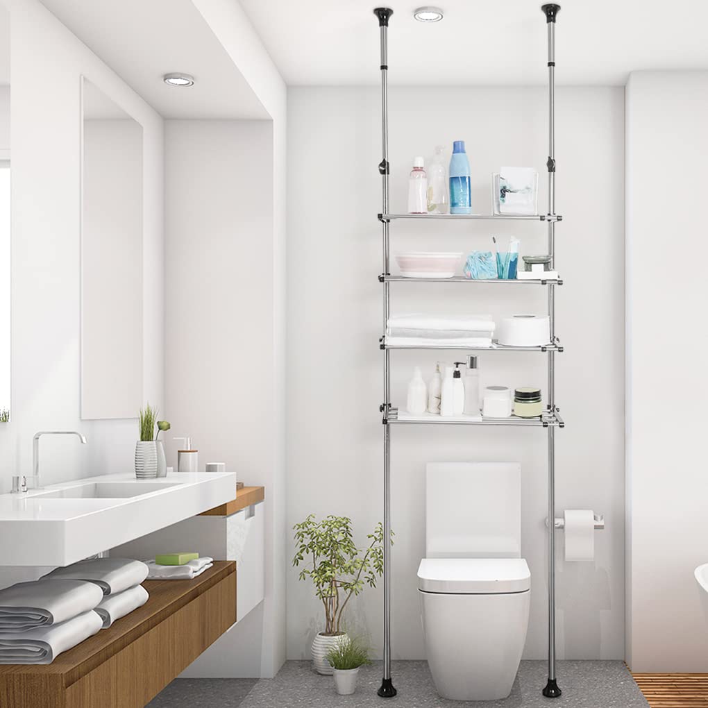 4-stöckiges Teleskop-Badregal über dem WC-Aufbewahrungsregal, höhenverstellbar, 218 x 295 cm, ohne Bohren, platzsparend, nizer, schwarze Badezimmerregale