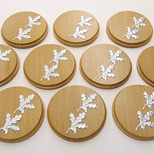 10 placas de cuña redondas de roble claro AF de 13 cm, tabla de cuña, tabla de especias, placa de trofeo, con 20 hojas de aluminio de roble, portada