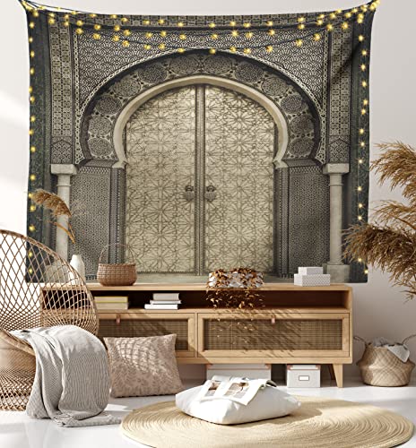 Ambesonne Moroccan Tapestry Queen Size, Aged Gate Geometric Pattern Doorway Design Entrance Architectural Oriental Style, Wall Hanging Bedspread Bed Cover Wall Decor, 88" X 88", Sepia Black #TOP6