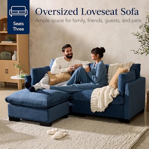 Image of Best Choice Products Modern Loveseat Sofa for Living Room, Corduroy Recliner, Removable Cover, Spring Cushions, Solid Wood Frame, Easy Assembly for Small Spaces, 82in - Stone Blue