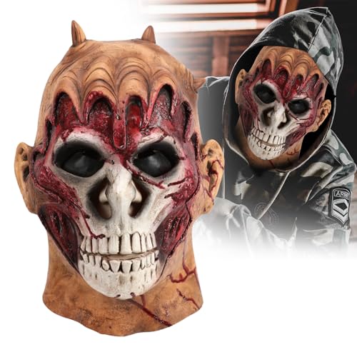 XKEJKNY Halloween Demon Devil Mask, Scary Bloody Skull Face Mask with Horns, Horror Evil Headgear Cosplay Props (Bloody-B)