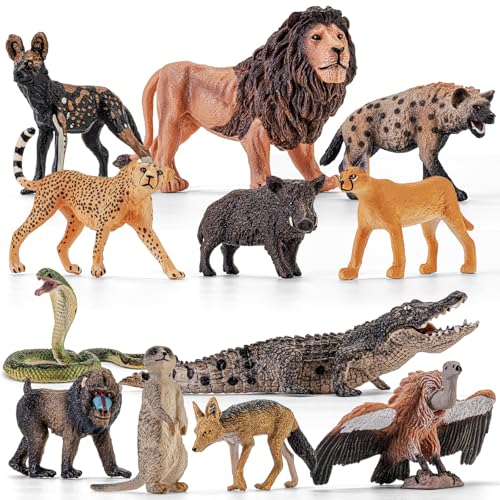 Totsmile 12PCS Large Safari African Wild Animal-Predator Toys for Kids 3 4 5+, Solid Plastic Zoo Animals Figurines for Boy Girl, Include Lion,Crocodile,Cheetah, Birthday Gifts Cake Topper Party Favor