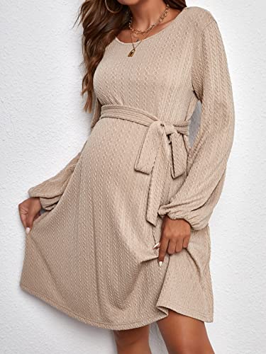 Oyoangle Women's Maternity Lantern Sleeve Belted Straight Hem Elegant Short Dress For Casual Wear Apricot M #TOP3