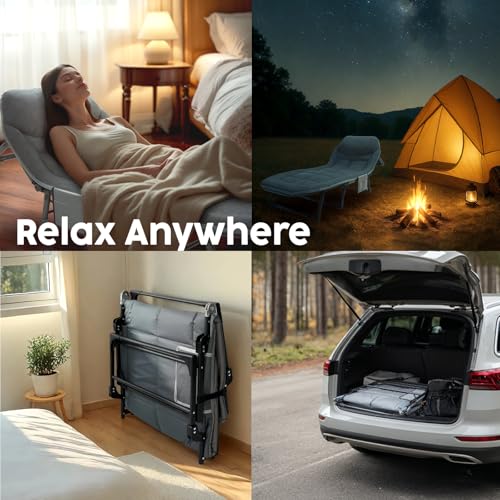 Image of SnozeFlex Chaise Lounge Chair, Folding Cot, 6-Angle Adjustable Camping Cot with Mattress for Patio and Beach, Foldable Bed Portable Heavy Duty Lay Flat Reclining with Pillow (Gray, M - 70'')