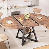43‘’-57‘’ Extendable Round Dining Table for 4-6, Modern Industrial Kitchen Oval Dining Table with Removable Leaves, Space Saving Pedestal Base with Storage Shelf for Kitchen Living Room (Vintage)