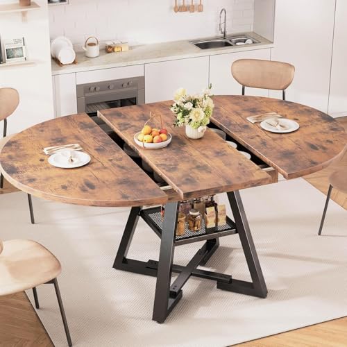 43‘’-57‘’ Extendable Round Dining Table for 4-6, Modern Industrial Kitchen