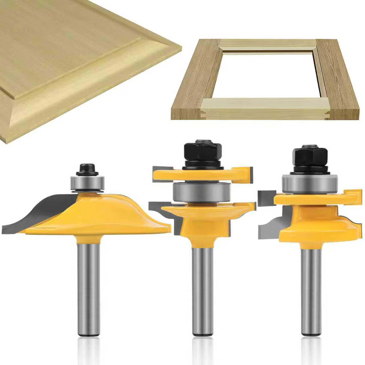 Raised Panel Router Bits，3PCS 1/4" Shank Router Bit Set,Cabinet Door Router Bits，Woodworking Tools，Router Door Window Bits (Tenon Cutter Diameter: 1-5/8") Tongue and Groove Router Bit Set