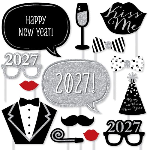 2027 New Years Eve - Silver Photo Booth Prop Kit, Cardstock Props - 20pc