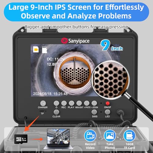Image of Sanyipace Drain Camera 100FT /30M, 23mm /0.9in FHD Sewer Inspection Camera, 5X Zoom, Distance Counter, 9 inch IPS Screen, DVR & Voice Recorder, 32GB Card, for Sewer Line, Pipe, Duct, Plumbing, Plumber, Home
