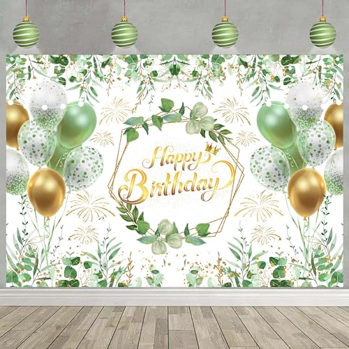 Image of Greenery Birthday Banner Backdrop 71 x 43 Inch Sage Green Party Decorations Happy Birthday Photo Backdrops Eucalyptus Leaves Ballon Banner for Photography Women 21st 30th Party Supplies
