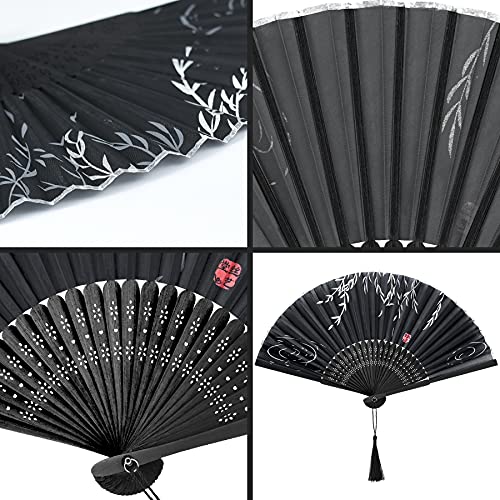 EAONE 3 Pcs Hand Folding Fan, Abanicos Chinese Vintage Style Handheld Fan with Fabric Sleeve, Silk Fan with Bamboo Frame and Elegant Tassel for Party Wedding Dancing Decoration