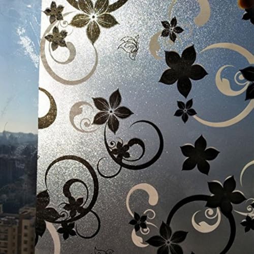 Image of CVANU Vinyl Blue Flower Printed Botanical Window Frosting Privacy Film Sheets for Front Door /Bathroom /Sidelight /Small Windows (24''x84'')