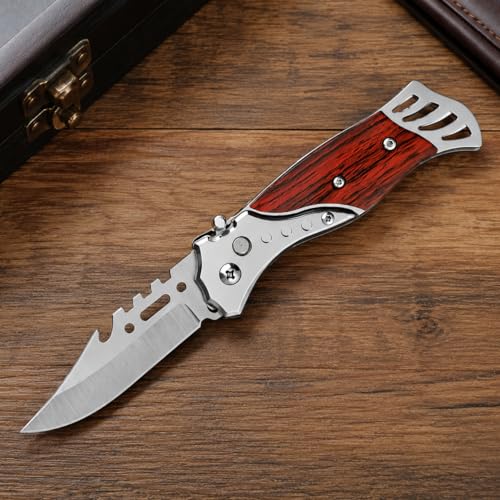 Image of Kitchen Utility Folding Knife with Stainless Steel Blade and Wooden Handle - Portable Fruit and Vegetable Cutter with Multi Purpose Pocket Design for Outdoor, Camping and Kitchen Use
