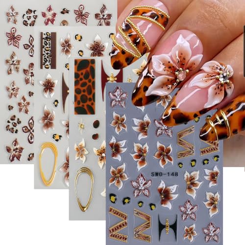 4Sheets Leopard Flower Nail Stickers 5D Embossed Fall Hibiscus Nail Decals with Cheetah Animal Print Designs Brown Flower Nail Art Stickers Gold Edge Nail Supplies for Women Manicure Decorations DIY
