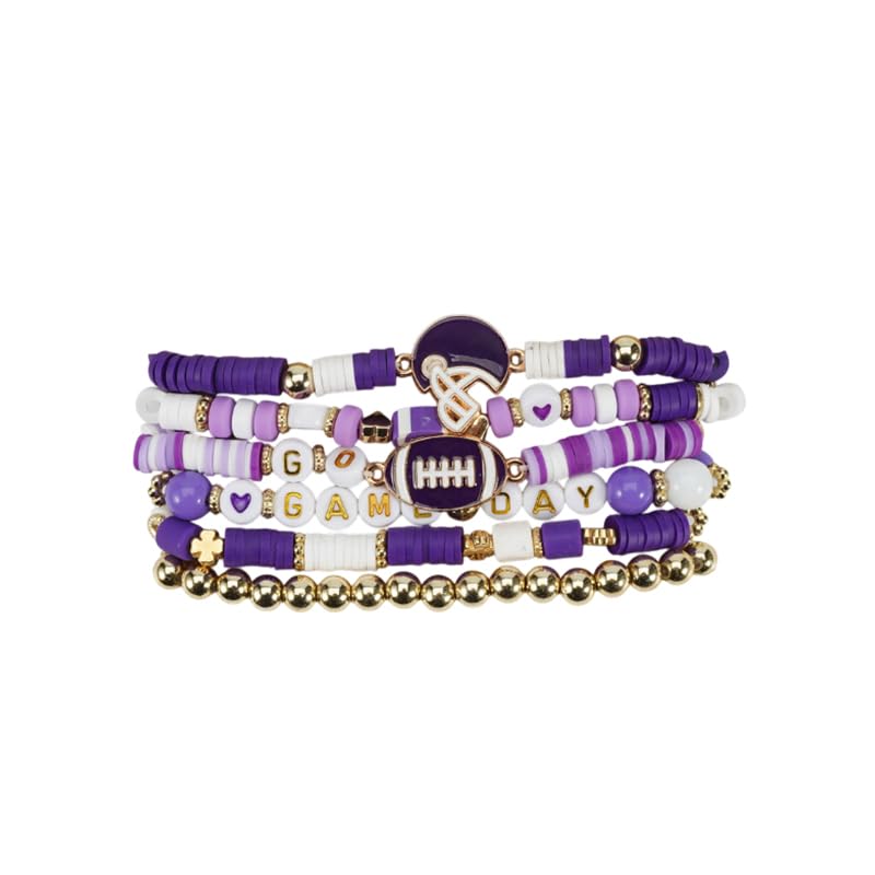 6Pcs Heishi Bracelets for Women Rugby Clay Beaded Stretch Bracelets Stackable Game Day Sports MAMA Bracelet Set Summer Beach Accessories Outfits Jewelry Gifts