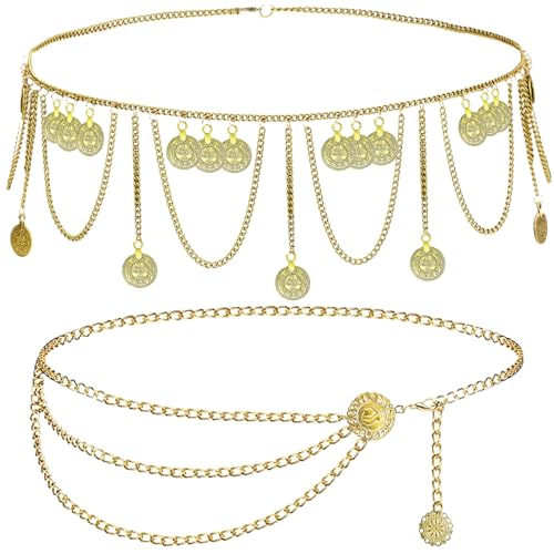 Znnhnn 2 pcs Cinturones de Mujer,Cinturón Delgado,Cadenas De Cintura,Cinturon Dorado Mujer Fiesta,Cadena de Cintura Cuerpo de Metal Ajustable, Adorno de Falda, Cadena de Cintura para Vestido,Jeans