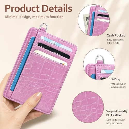 Image of Coco Rossi Crocodile Wallet Women Slim Credit Card Holder with Keychain | Luxury Wallets, Alligator Print, RFID Blocking, ID Case, Small Minimalist, Womens Girls Gift, Peach Pink Croc