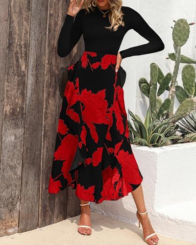 Image of BTFBM Womens Floral Maxi Dress Fall 2025 Casual Crewneck Long Sleeve Ruffle Flowy Cocktail Wedding Guest Dresses