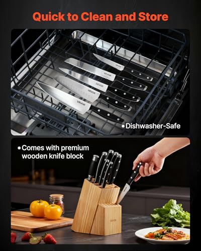 Image of VEVOR Kitchen Knife Set with Block and Sharpener, 15 Piece High Carbon Stainless Steel Sharp Knife Set, Kitchen Cutlery with Ergonomic Handle, Sharpening Rod and Premium Wooden Block, for Home Cooks