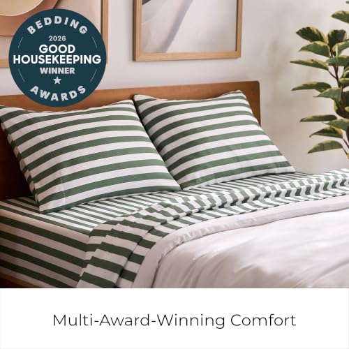 Image of Mellanni Split King Sheets Set - 5 PC Iconic Collection Bedding | Hotel Luxury, Extra Soft, Cooling Bed Sheets - Wrinkle, Fade, Stain Resistant (Split King, Oxford Stripe Sage)