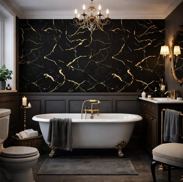 Be-Creative - Juego de 4 paneles de pared de baño con efecto mármol negro y dorado, paneles de ducha de PVC de 240 cm x 60 cm, revestimiento de pared húmedo 100% impermeable para baños, duchas y