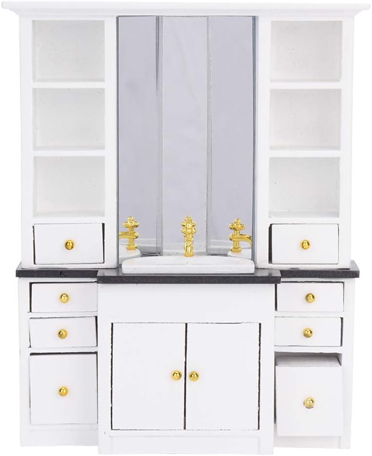 1/12 Mini Basin Cabinet, Miniature Dollhouse Furniture Doll House Kitchen Accessory for Bathroom Kitchen Decoration(White)