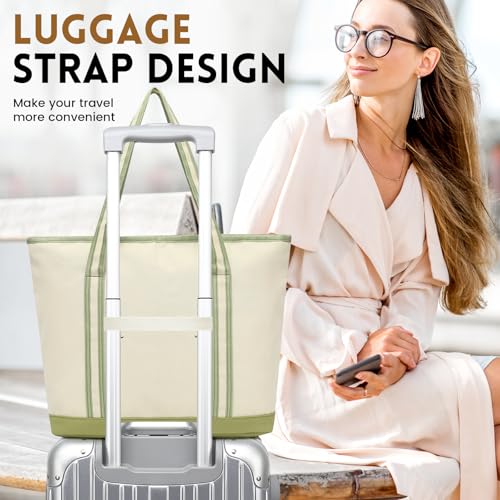 Image of Large Canvas Tote Bag for Women, Beach Bag with Zipper, Utility Tote Bag with 3 Front Pockets, Weekender Pool Bag