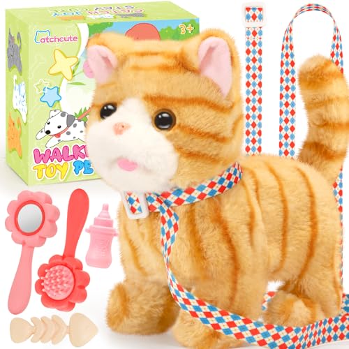 CatchCute Plush Toys Cat for Kids with Leash, Interactive Electronic Kitty That Walking,Meowing, and Tail Wagging, Stuffed Cat Christmas Birthday Gift for Boys and Girls