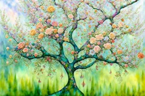 Tableau sur toile 58x90 cm patchwork fleurs sur arbre sans cadre