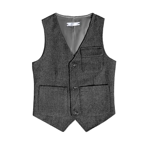 Image of Boys Retro Tweed Vest for Kids Classic Casual Waistcoat | vintage herringbone, toddler little kids vests, flap pocket, sleeveless, slim fit, wedding outfit, christmas birthday party