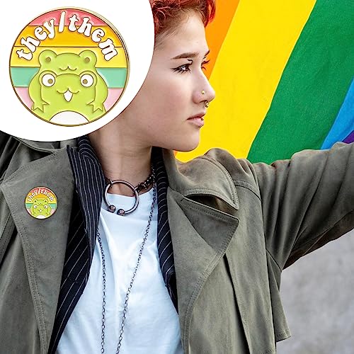 Image of LGBTQ Pronouns Cute Frog Pin - Gender Identity Bulk Pins for Pride Parade or Daily Wear - They /Them (Free 1pc Pride Sticker Included)