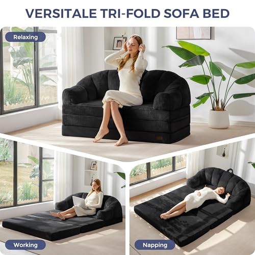 Image of MAXYOYO Folding Sofa Bed, 2 in 1 Convertible Sofa to Lounger Comfy Loveseat Bean Bag Chair for Adults, Floor Couch with Handle, Faux Fur Couch Bed for Living Room Bedroom, Black, Loveseat