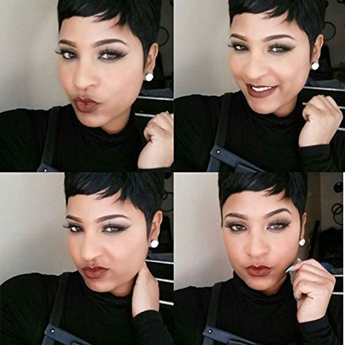 Waveme Short Cut Human Hair with Bangs Pixie Wigs for Black Women Human Hair Glueless Straight Brazilian Hair Wigs (Black 1B)