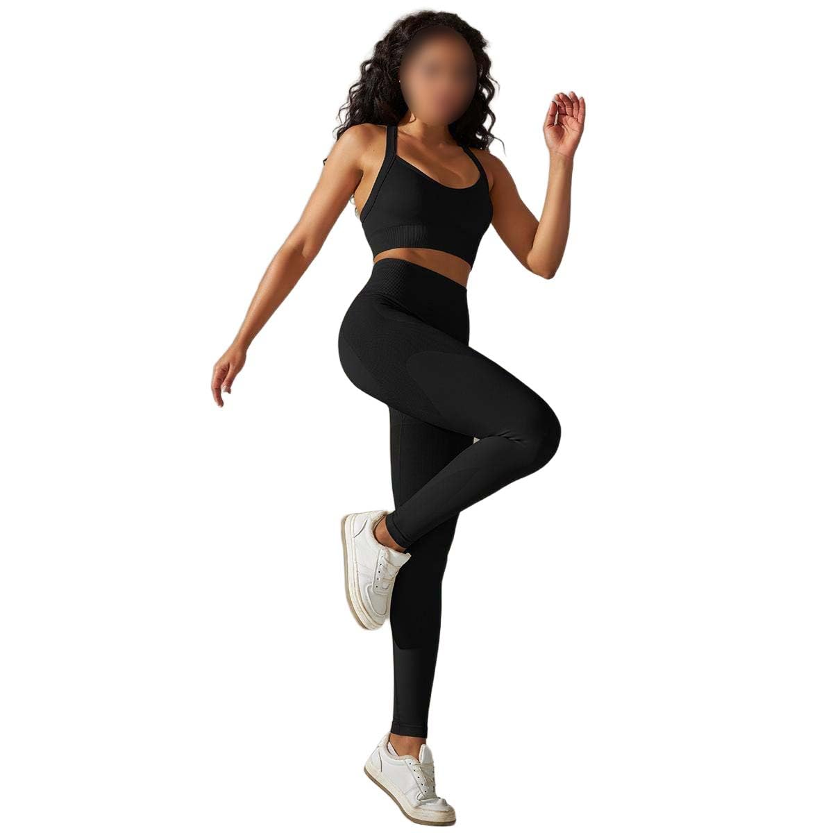 MLAFE Womens Seamless Knit Yoga Outfit Crisscross Back Sports Bra High Waisted Butt Lifting Leggings 2 P Activewear