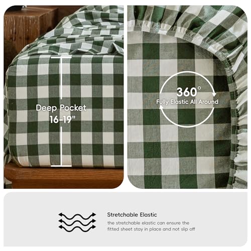Image of MooMee Gingham Sheet Set 100% Washed Cotton Linen Like Textured Breathable Soft w /Fully Elasticized 16-19 inch Deep Pocket (Buffalo Plaid Forest Green, Queen)