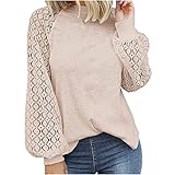 Cute Shirts for Women Lantern Sleeve Tops Openwork Sweater Waffle Knit Pullover Lace Stitching...