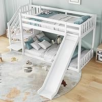 Miyemo Bunk Bed for Kids & Children, Wooden Cabin Bed Frame with Stairs & Slide, 3ft Children Bed Frame with 2 Single Bed & Storage Stairs, Solid Pine, 90 x190cm, White, (No Mattress)
