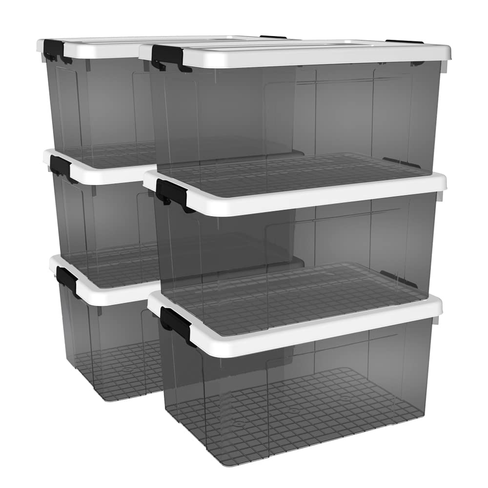 Cetomo 65L* 6Storage Boxes, Plastic Storage Box with Lids, Organizing Container with Secure Latching Buckles, Stackable, Nestable, Large Bin for Home Clothes, 65L-6Pack, Clear Black