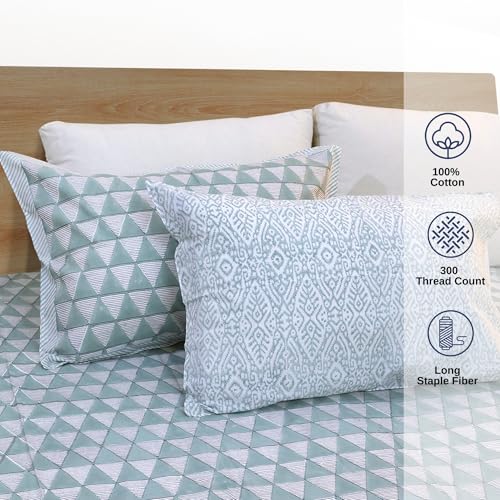 Image of TOAI Hand Block Printed Bedsheet | Bed Spread Flatsheet Bed Sheet | Pure Cotton | Queen Size 90 inchx108 inch | 300 TC Long Staple Cotton | 2 Reversible Pillow Covers |Green Line Pattern